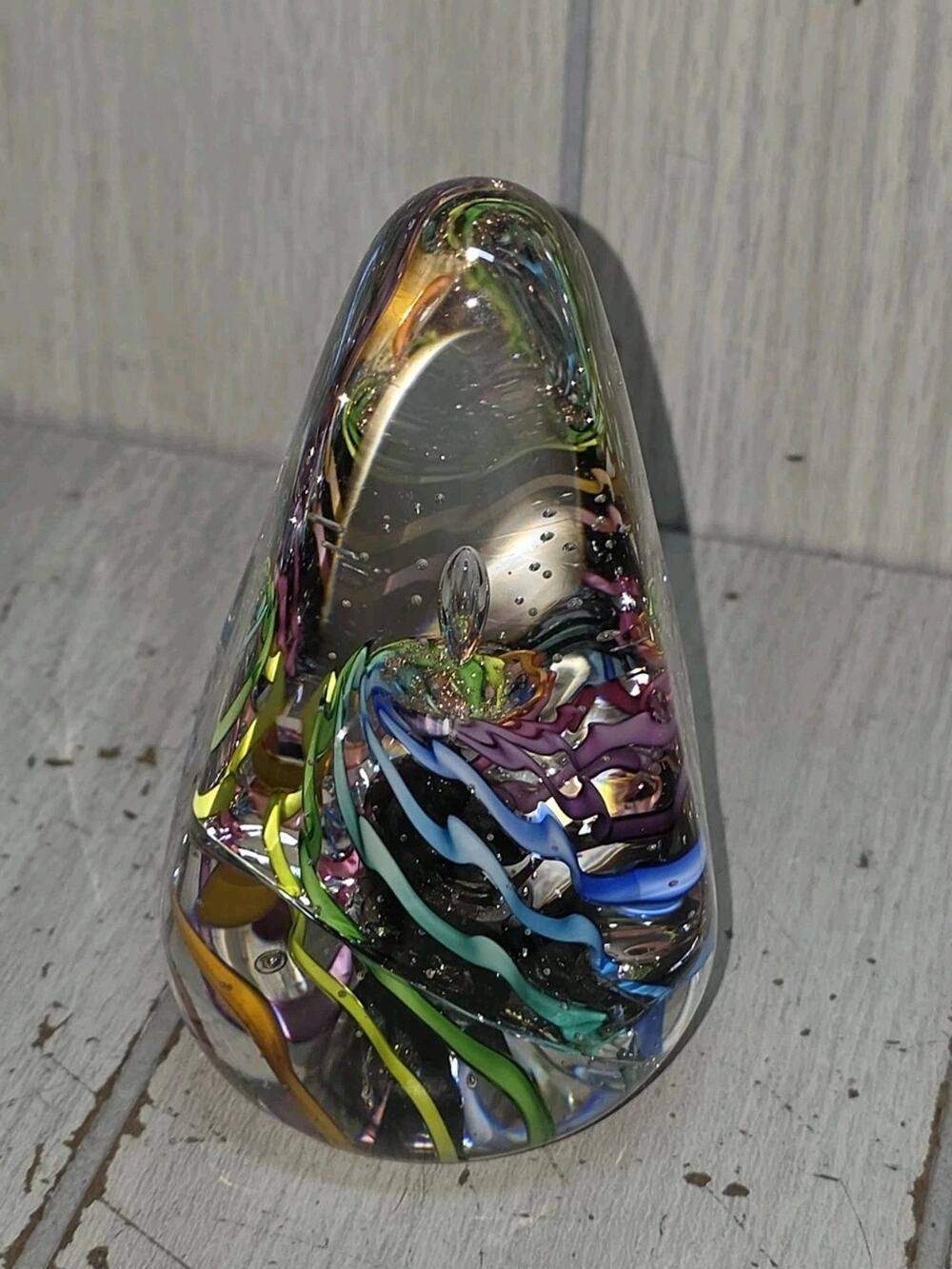 Marilyn Kimble Holt 99' Art Glass Swirl Paperweight Controlled Bubbles Tear Drop